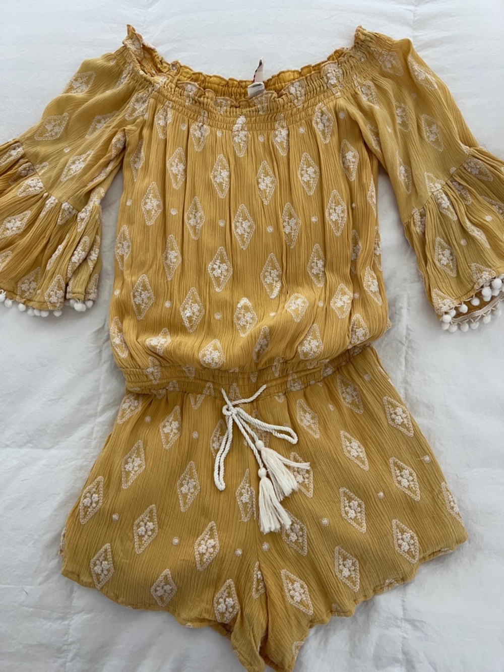 Yellow Off-Shoulder Romper with Tassel Tie
